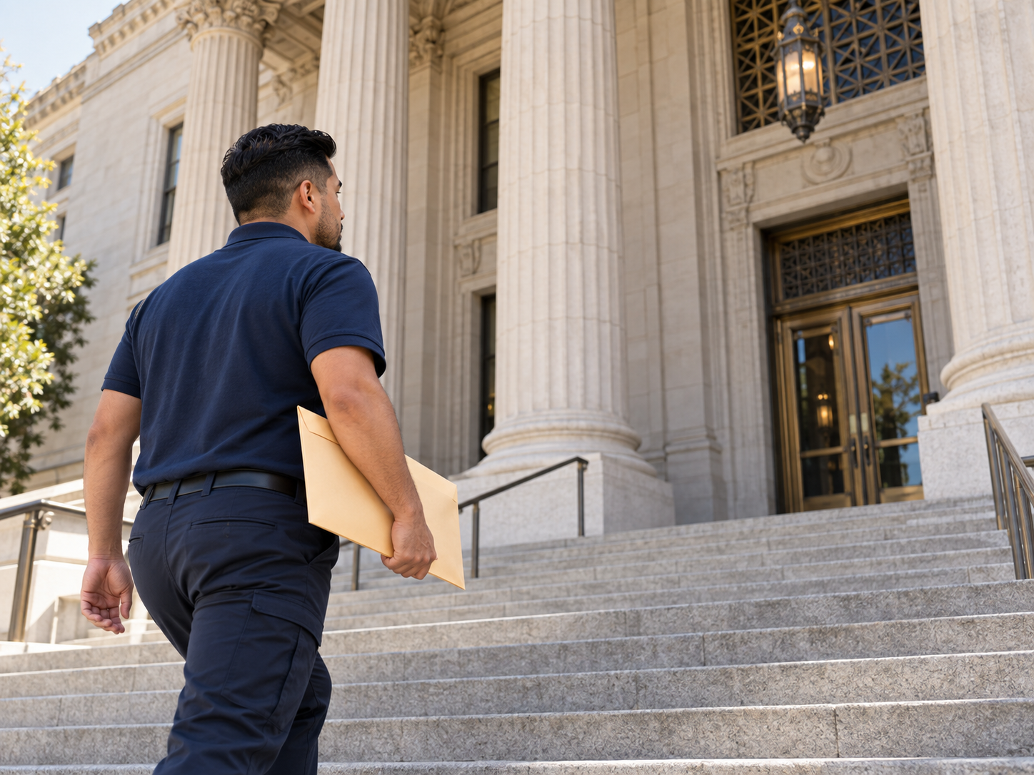 Courier carrying a document envelope up courthouse steps