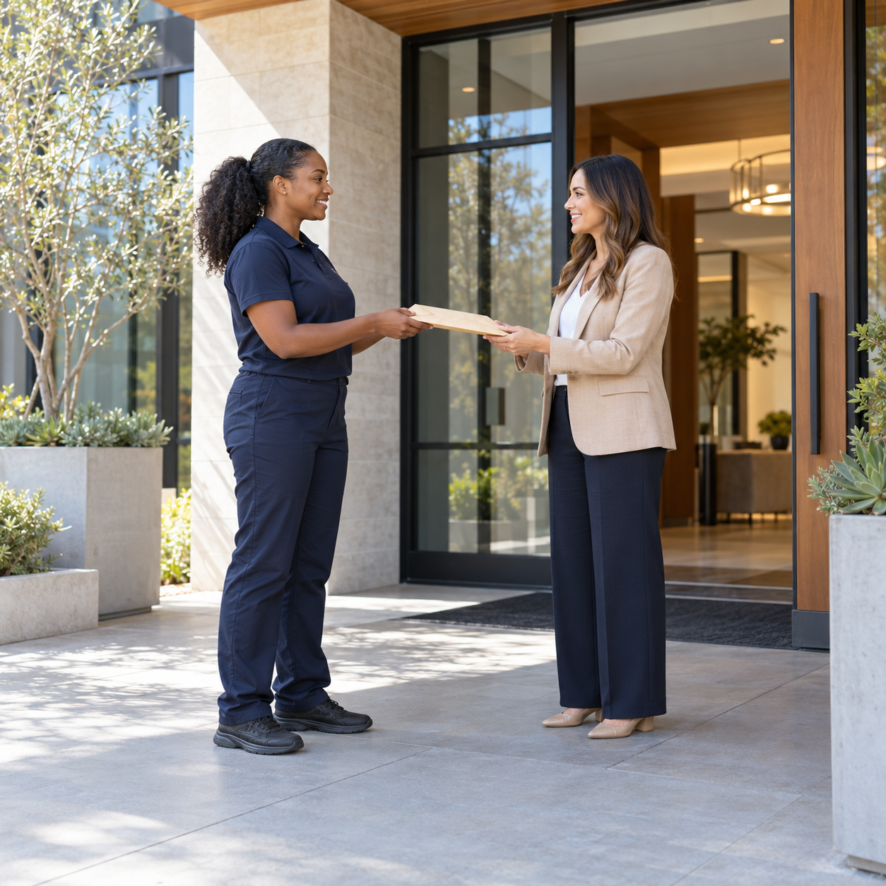 Courier handing a document envelope to a property manager outside a building