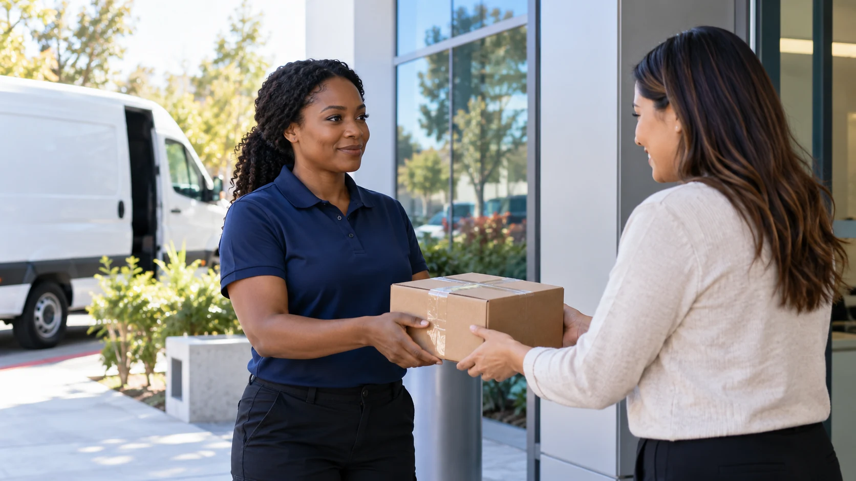 Courier handing a parcel to a business customer