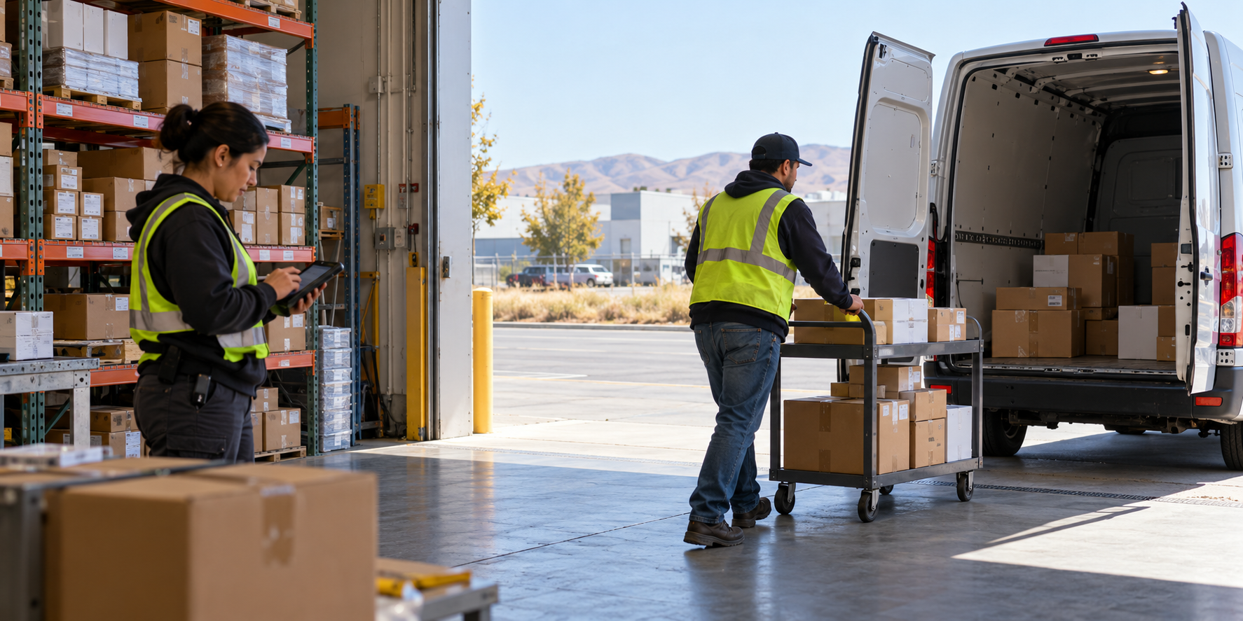 Illustration of warehouse shipments moving into courier delivery